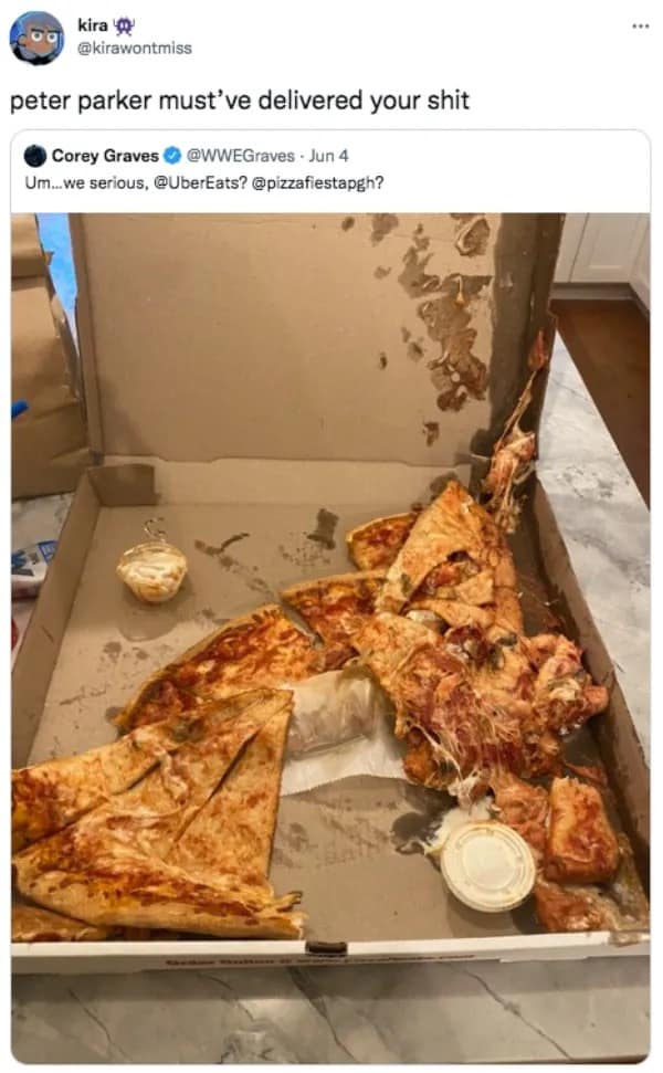 A catastrophic food delivery photo in this meme dump shows an opened pizza box with all the cheese and toppings smashed into a single corner, captioned with a joke about Spider-Man delivering the order.