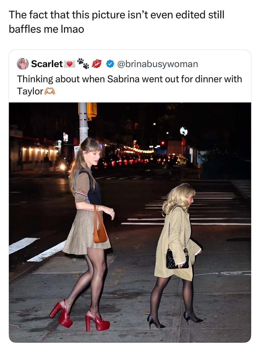 This viral funny meme highlights the unedited, comical height difference between Taylor Swift and Sabrina Carpenter walking together.