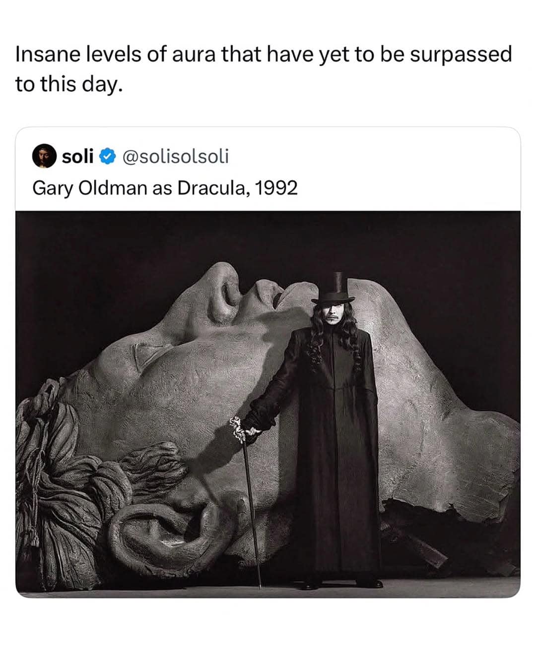 A striking addition to the meme dump shows Gary Oldman looking incredibly stylish as Dracula in the 1992 film production.