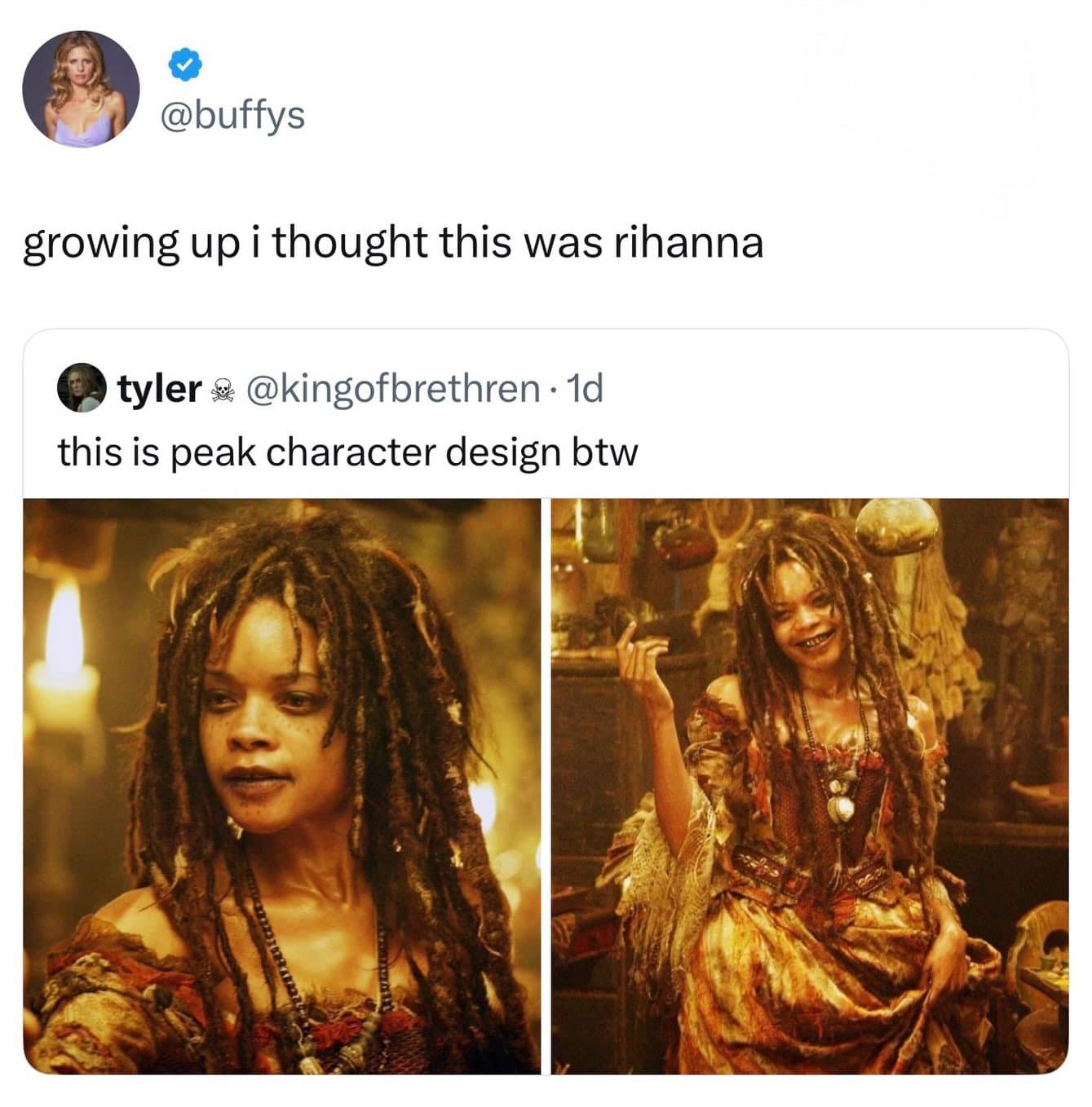 A nostalgic screenshot from a Twitter meme dump thread displaying two high-quality photos of the character Tia Dalma from Pirates of the Caribbean, with text discussing peak character design and a reply stating "growing up I thought this was Rihanna."