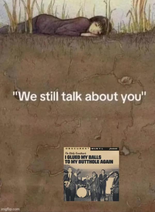 A surreal piece from the meme dump places a satirical "Obscurest Vinyl" jazz album cover deep underground beneath an illustration of a girl resting peacefully on the grass.