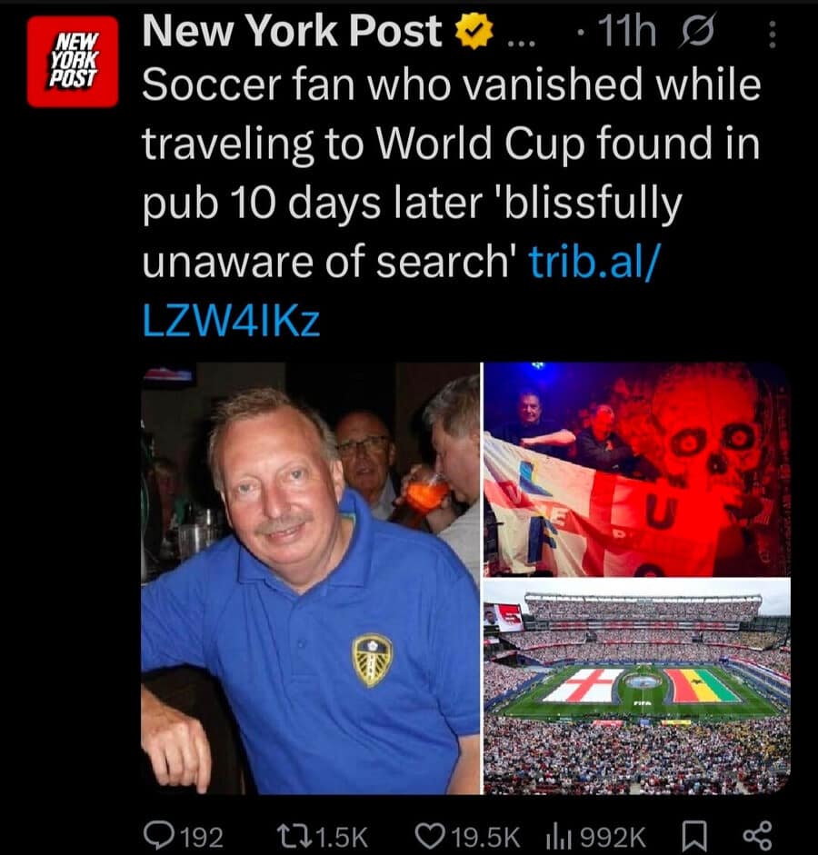 This wild funny meme highlights a New York Post story about a missing soccer fan found hanging out inside a pub ten days later.