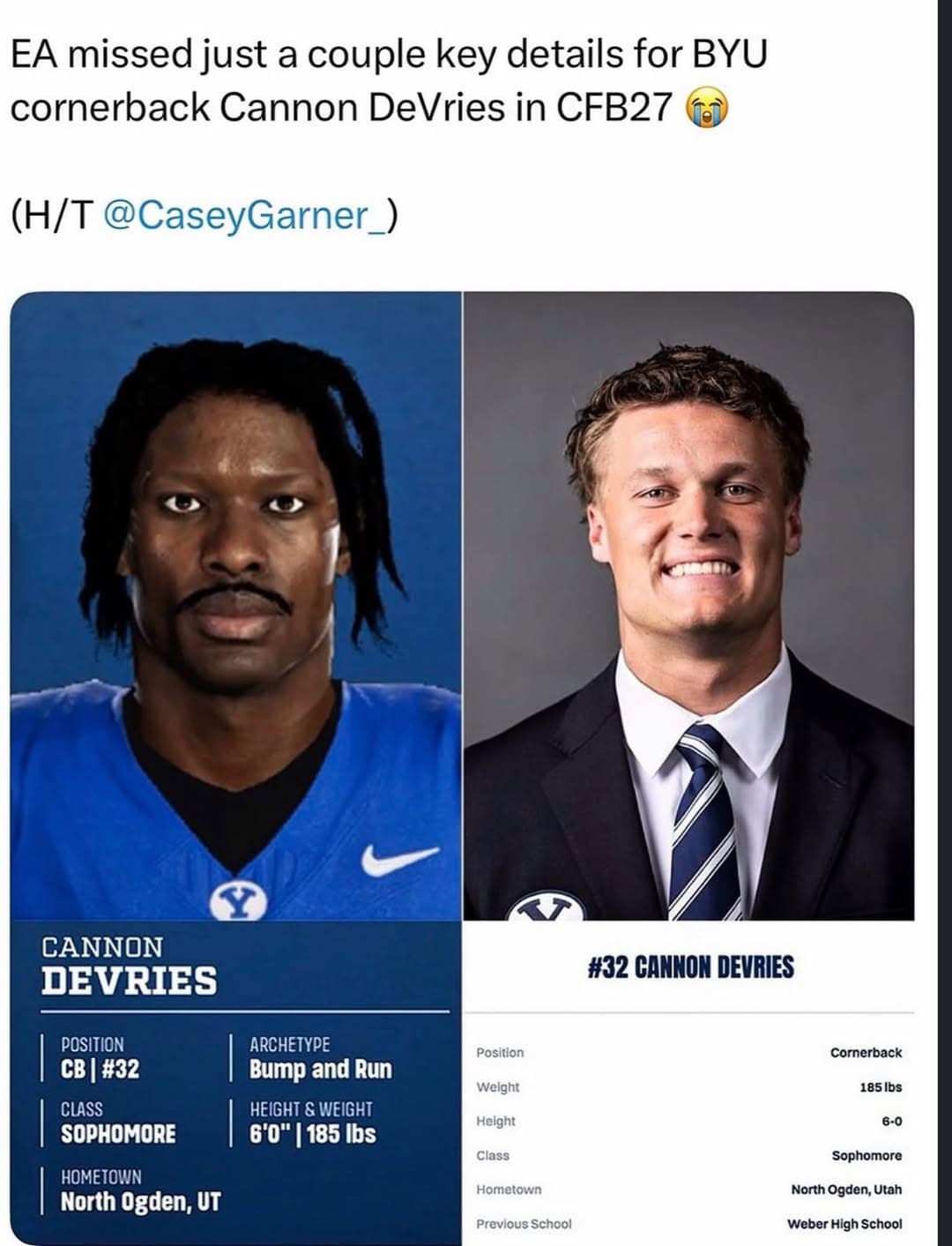 An amusing funny meme compares a mismatched video game avatar with the real-life photo of football player Cannon DeVries.