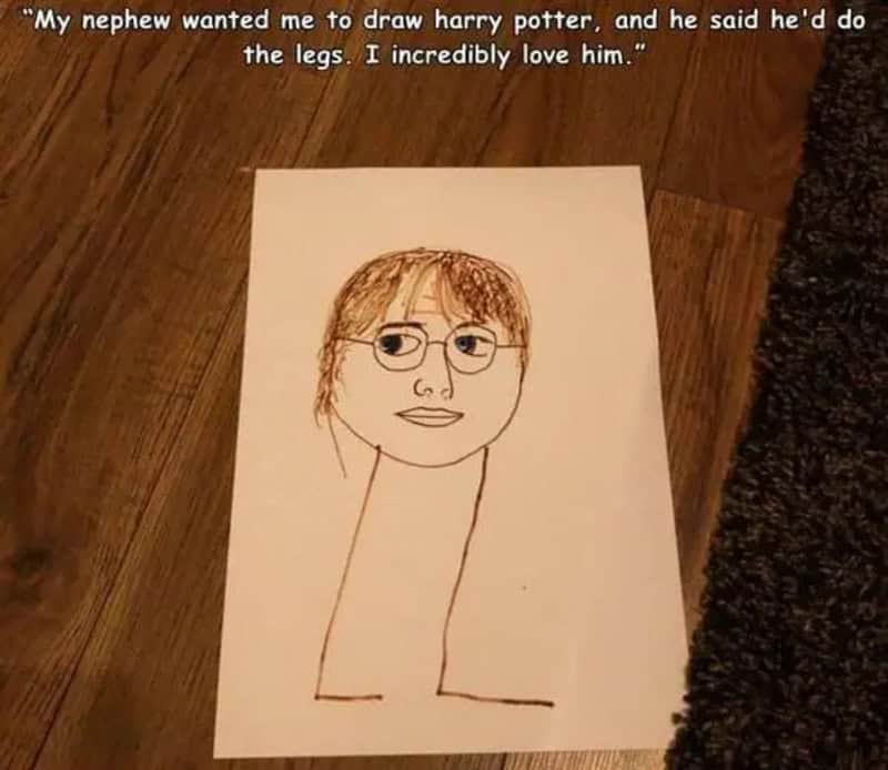 This charming funny meme features a collaborative childhood drawing of Harry Potter where an adult drew a detailed face and a kid completed it with hilariously long stick legs.