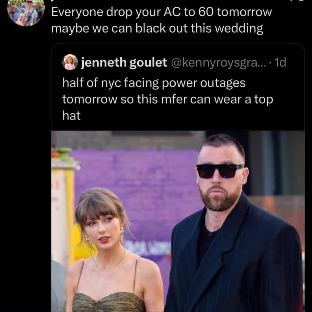 An amusing entry in the meme dump quotes a plan to crash New York's power grid during a high-profile celebrity wedding event.