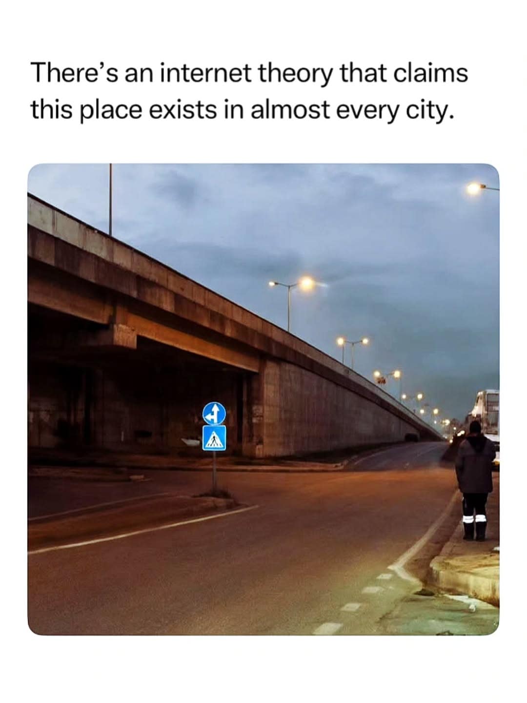 A relatable meme dump image illustrates a generic concrete highway overpass that seems to exist in every single city.