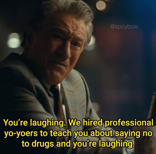 A film parody image in this meme dump uses Robert De Niro's character from Joker under text mocking schools hiring professional yo-yo performers to combat student drug use.