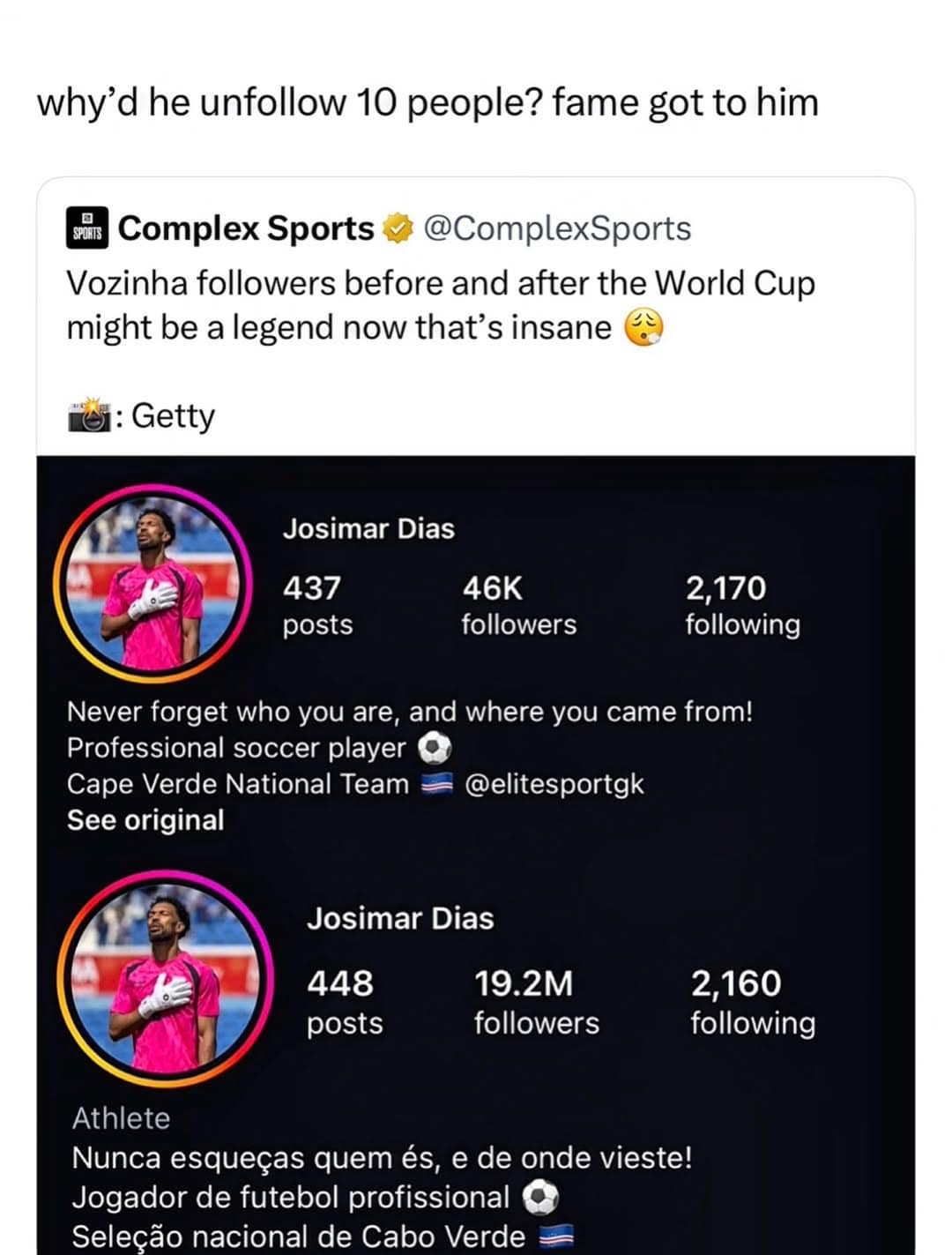 This sports-centric funny meme tracks a soccer player's massive Instagram follower explosion after a major tournament.
