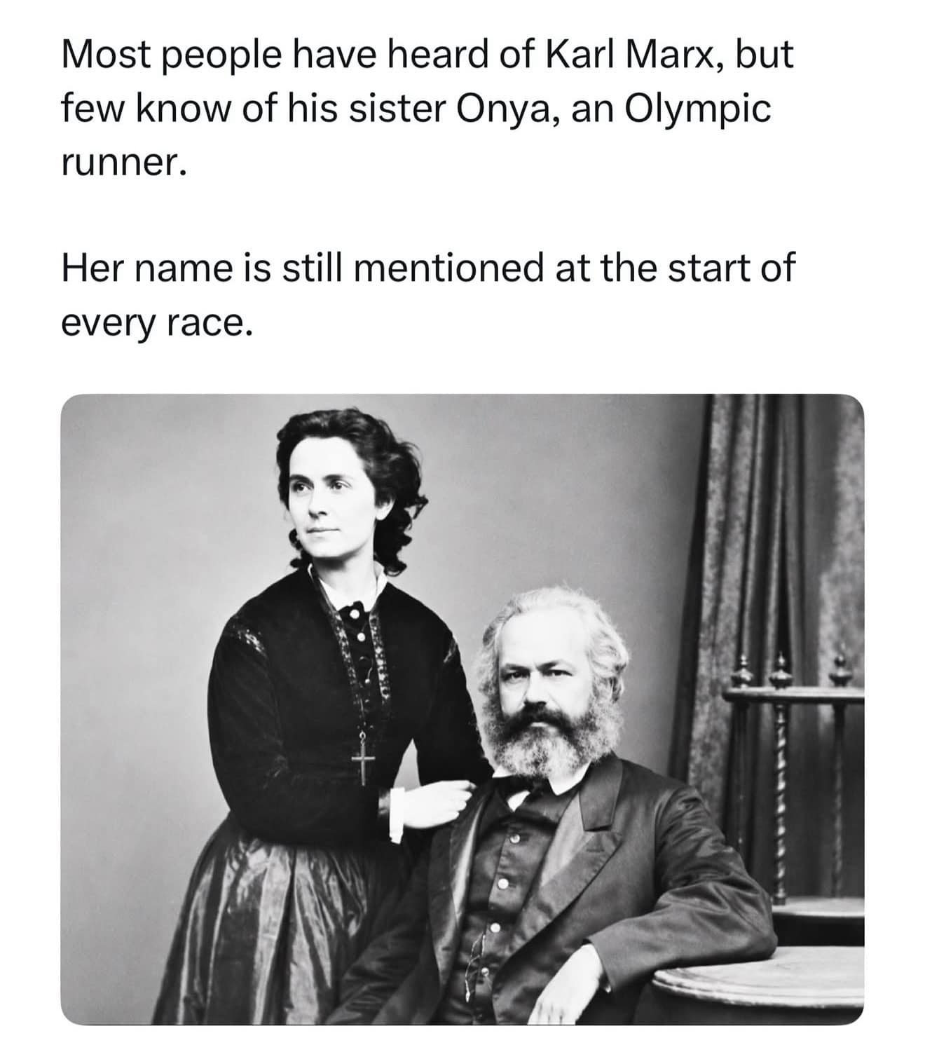 A brilliant pun-based funny meme features a historical portrait of Karl Marx alongside a fictional, hyper-focused Olympian running sister named Onya.