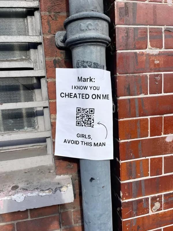 A dramatic public exposure poster in this meme dump shows a flyer taped to a outdoor pipe exposing an unfaithful ex named Mark, complete with a QR code urging women to avoid him.
