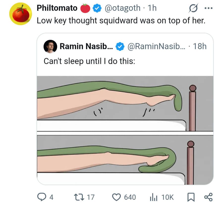 A cursed meme dump snippet shares a visual comparison between a common bedsheet tucking habit and Squidward from SpongeBob.