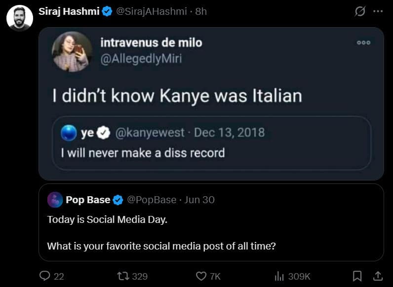 Sourced from peak internet timeline history, this meme dump screenshot displays a layered Twitter thread celebrated on Social Media Day. It highlights a legendary pun by user @AllegedlyMiri who quotes Kanye West's old declaration, "I will never make a diss record," and cracks the phonetic Italian-American joke: "I didn't know Kanye was Italian" (interpreting "a diss record" as "a this-a record").