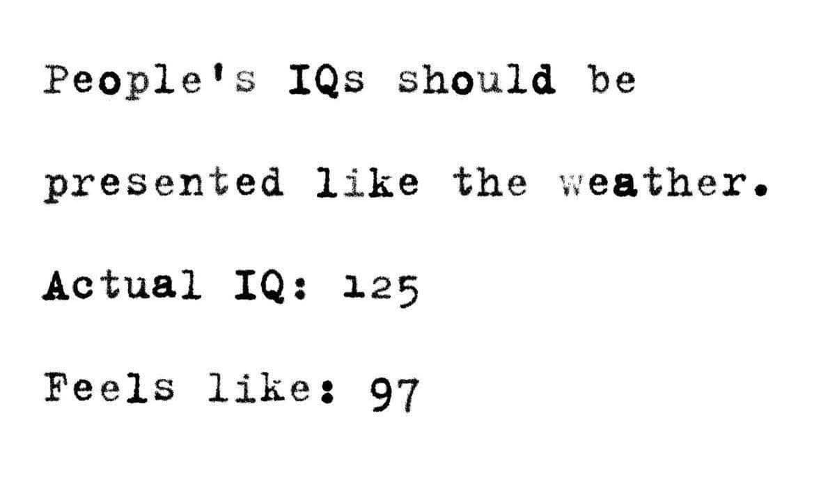 This brilliant entry in our meme dump features typewriter text comparing a person's actual IQ score to a lower "feels like" weather metric.