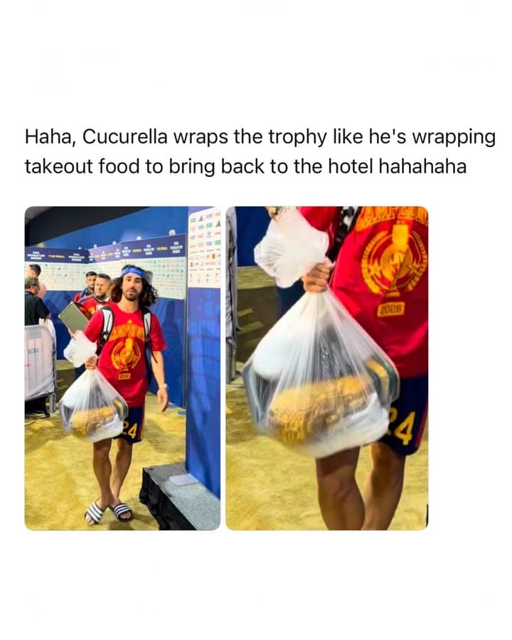 A sports culture entry from the meme dump captures Spanish footballer Marc Cucurella wearing slides and shorts while casually carrying an official trophy sealed inside a plastic grocery bag.