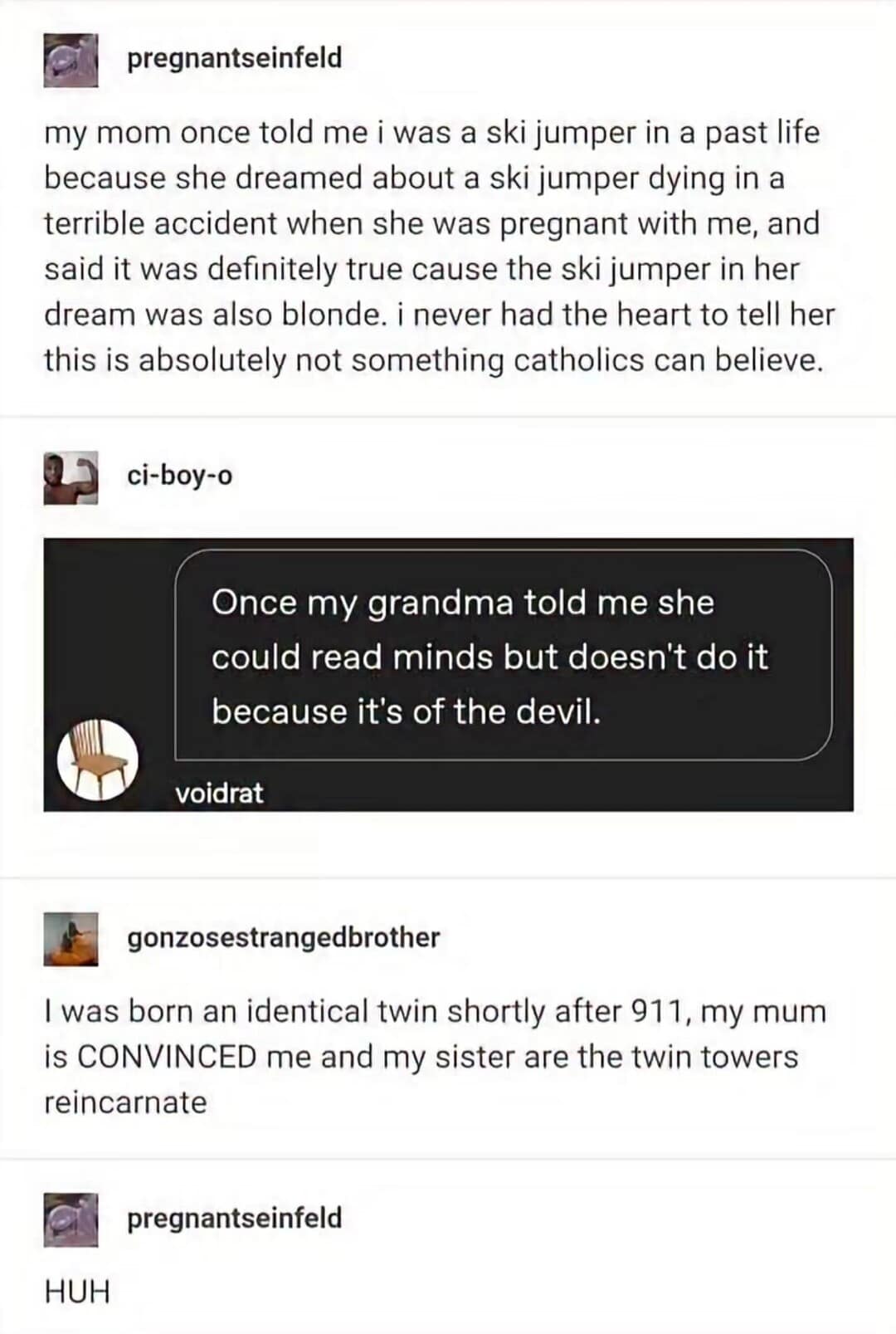 A chaotic funny meme aggregates weird maternal theories, featuring a mother who thinks her identical twins are the twin towers reincarnated.