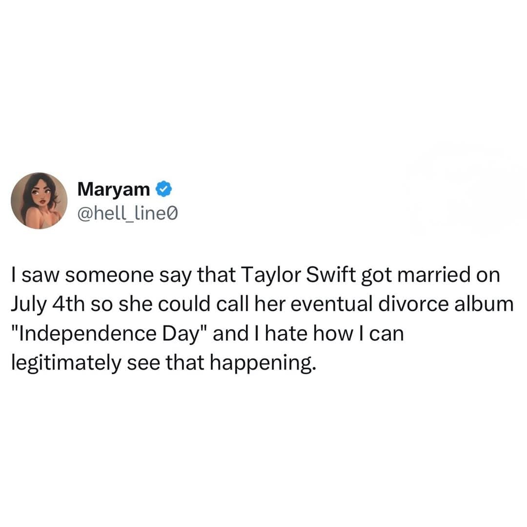 This entertaining funny meme captures a tweet predicting Taylor Swift's potential future divorce album title.