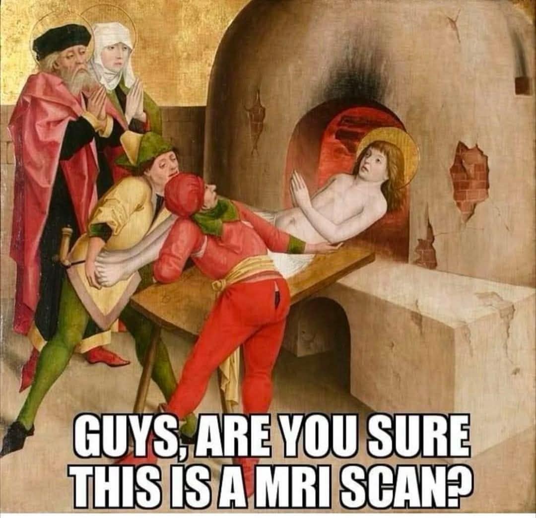 A classical art meme included in this week's meme dump overlays a modern joke onto a medieval painting of a person being pushed into a burning brick oven, questioning if it's an MRI scan.