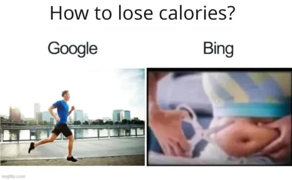 A hilarious search engine comparison format within this meme dump shows Google recommending a scenic, healthy run to lose calories, while Bing frantically displays a low-res image of scissors cutting directly into stomach fat.