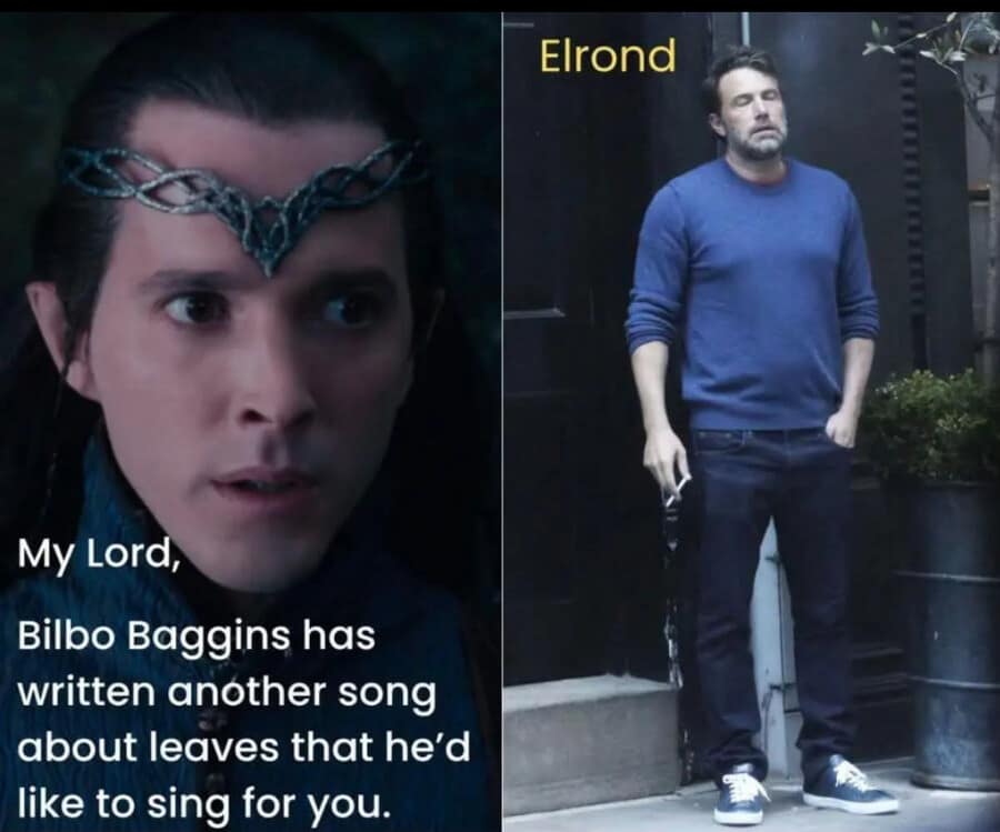 An iconic meme dump asset utilizes a split-panel Lord of the Rings crossover format to highlight creative exhaustion. The left panel shows an elf advisor reporting to Rivendell, stating, "My Lord, Bilbo Baggins has written another song about leaves that he'd like to sing for you." The right panel shatters the fantasy setting with the famous paparazzi photo of Ben Affleck in a blue sweater leaning against a doorframe, eyes closed in deep misery while smoking a cigarette, labeled simply as "Elrond."