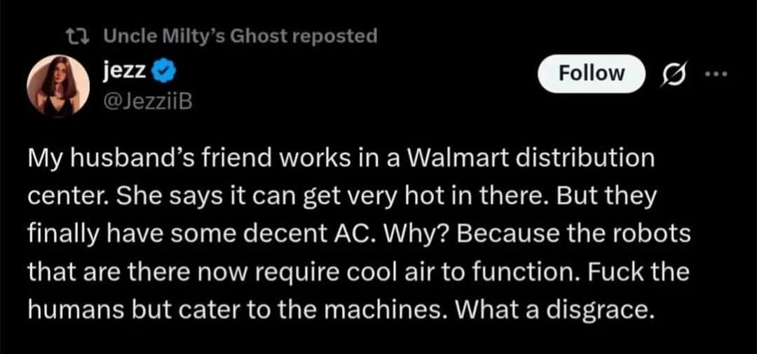 A dystopian funny meme captures a text post about a warehouse finally getting AC because the automated robots require cool air to function.
