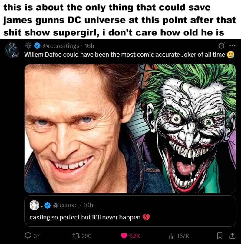 Part of a cinematic meme dump, this social media screenshot showcases an intense fandom casting debate on X. The user notes that a specific casting choice could save James Gunn's DC cinematic universe, quoting a viral tweet from @recreatings that shows a side-by-side comparison of actor Willem Dafoe grinning next to a manic, wide-eyed comic panel illustration of the Joker.