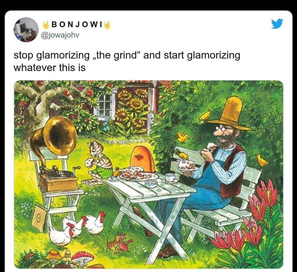 A cozy funny meme shares a storybook illustration of an old man and a cat eating cake to encourage people to stop glamorizing the hustle.
