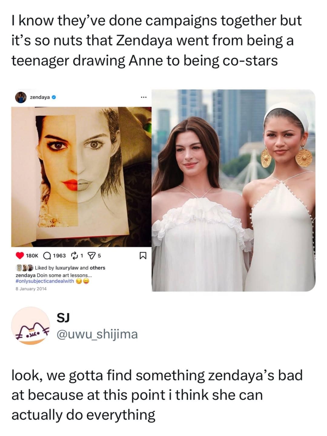 This interesting funny meme pairs Zendaya's old sketch of Anne Hathaway with a modern photo of the two actresses starring together.