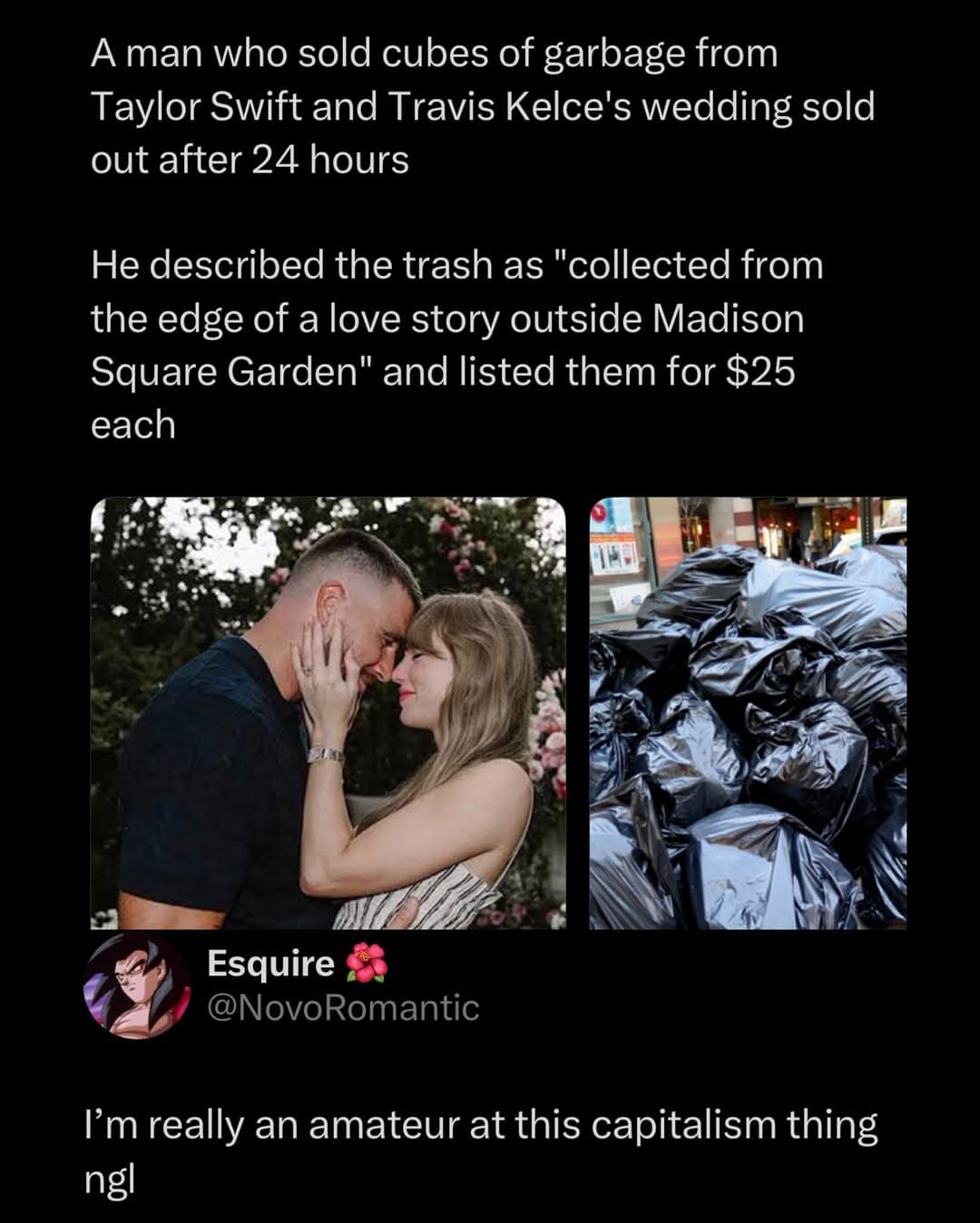 A wild corporate parody post in the meme dump details an entrepreneur successfully selling $25 cubes of wedding venue garbage to die-hard pop fans.