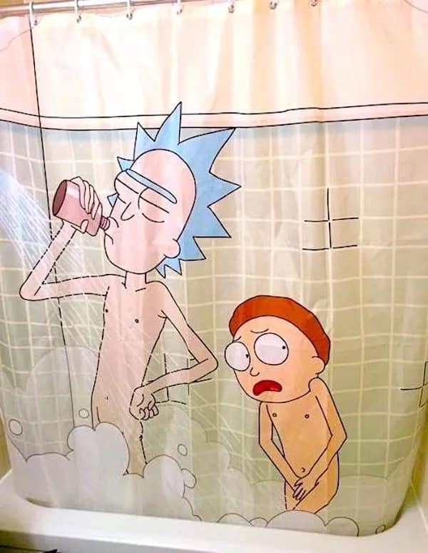 This pop-culture entry from the meme dump displays a real-world shower curtain featuring the cartoon characters Rick and Morty staring naked and completely horrified out at the bathroom.