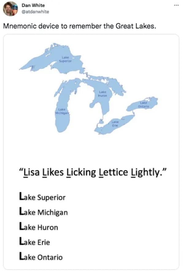 A geography humor piece in the meme dump presents an intentionally useless mnemonic device for the Great Lakes where every single word begins with the letter L.