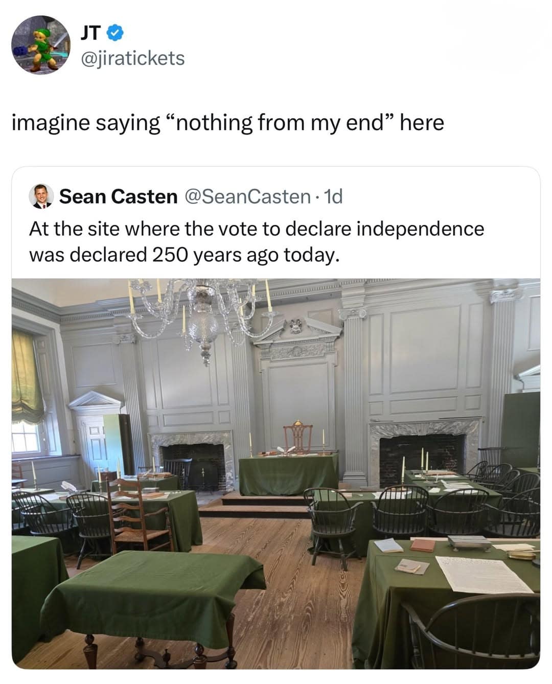 A witty addition to the meme dump depicts the historic Independence Hall assembly room with a joke about everyday corporate email sign-offs.