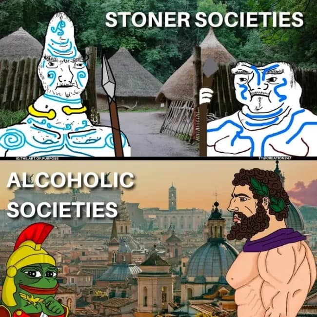 An entertaining history-themed funny meme uses classic Wojak and Pepe illustrations to contrast "Stoner Societies" with grand "Alcoholic Societies."