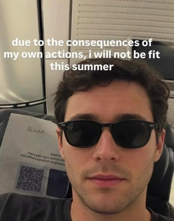 A first-person selfie in this meme dump shows a man in dark sunglasses looking completely unbothered, captioned with an admission that due to the consequences of his own actions, he will not be fit this summer.