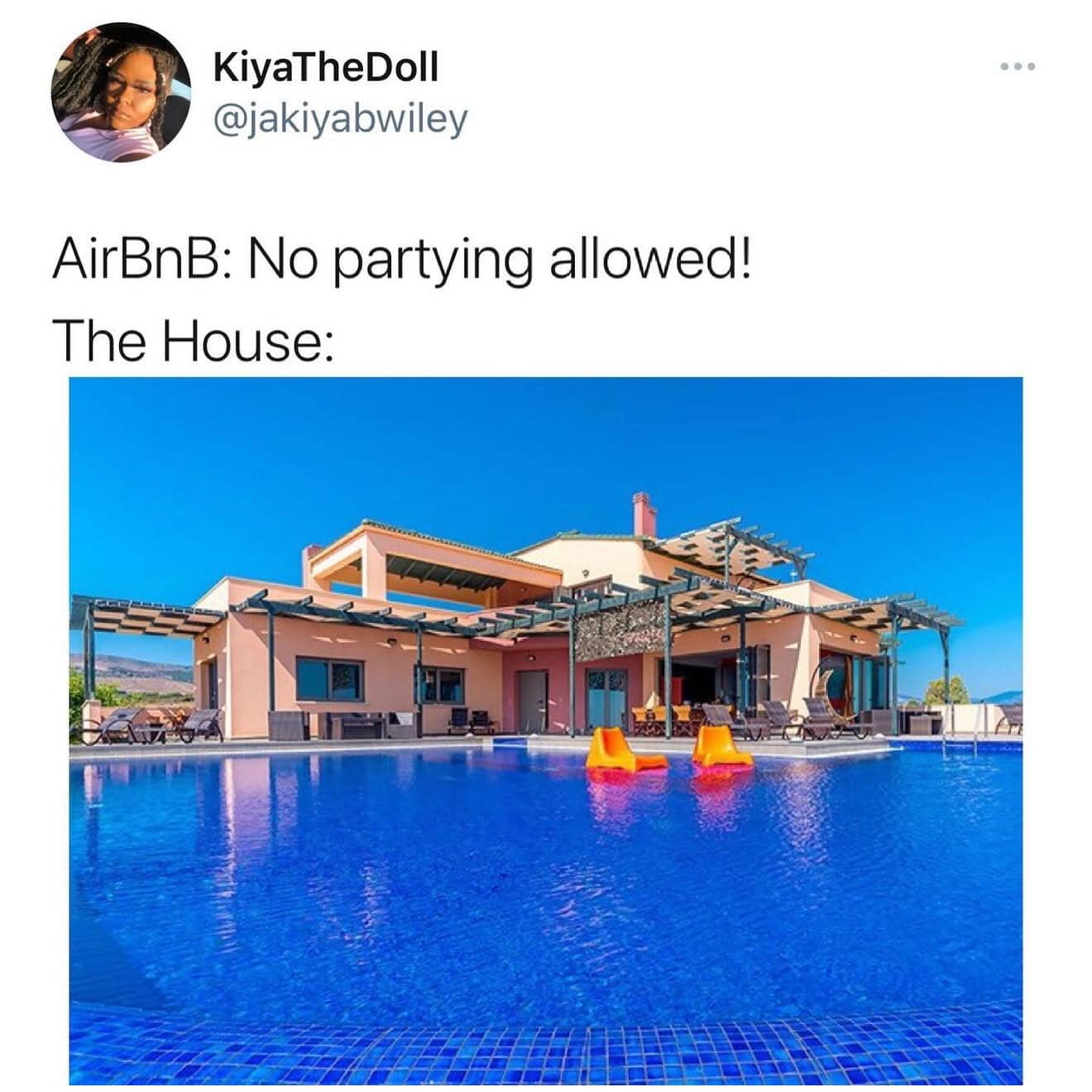 A witty real estate post in the meme dump displays a luxurious villa with an enormous glistening blue pool, satirizing AirBnB’s strict "no partying allowed" policy guidelines.