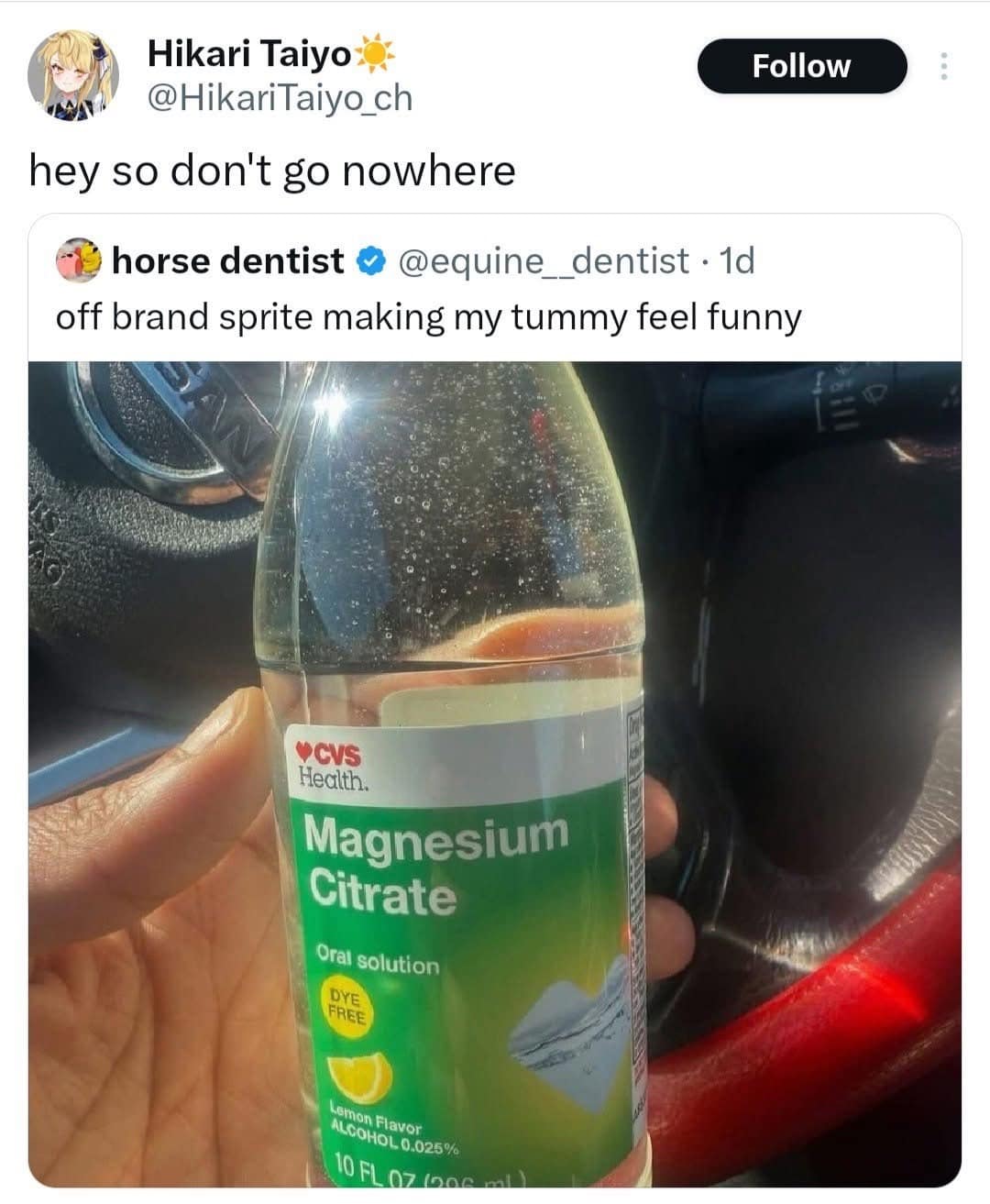 A chaotic health mistake inside this meme dump showcases a driver holding a bottle of CVS Magnesium Citrate laxative thinking it was an off-brand lemon-lime soda.