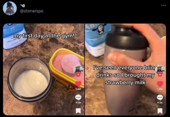 This relatable funny meme screenshot captures a gym newcomer proudly packing their workout shaker full of Nesquik strawberry milk.