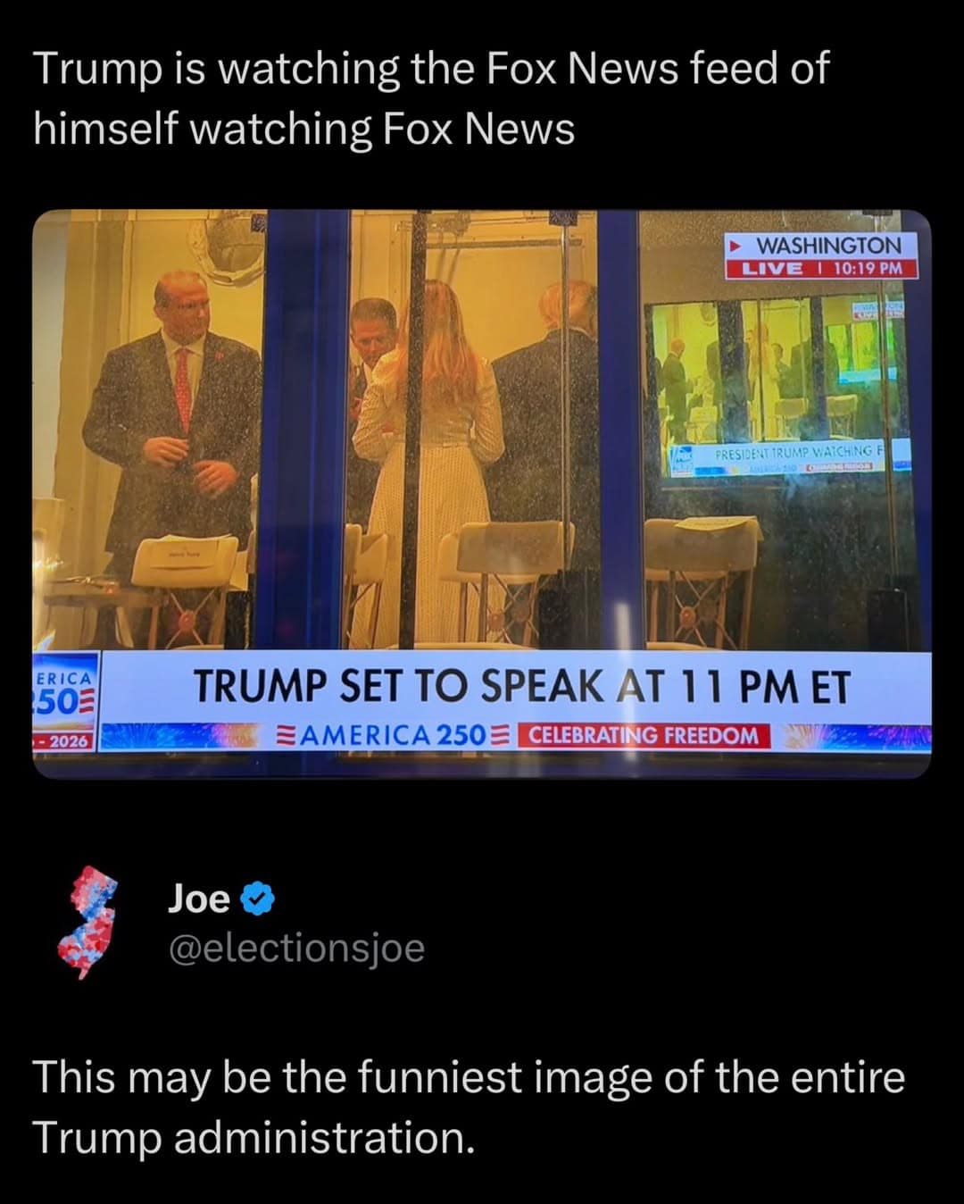This political funny meme captures a television broadcast of Donald Trump watching a live feed of himself watching the news monitor.