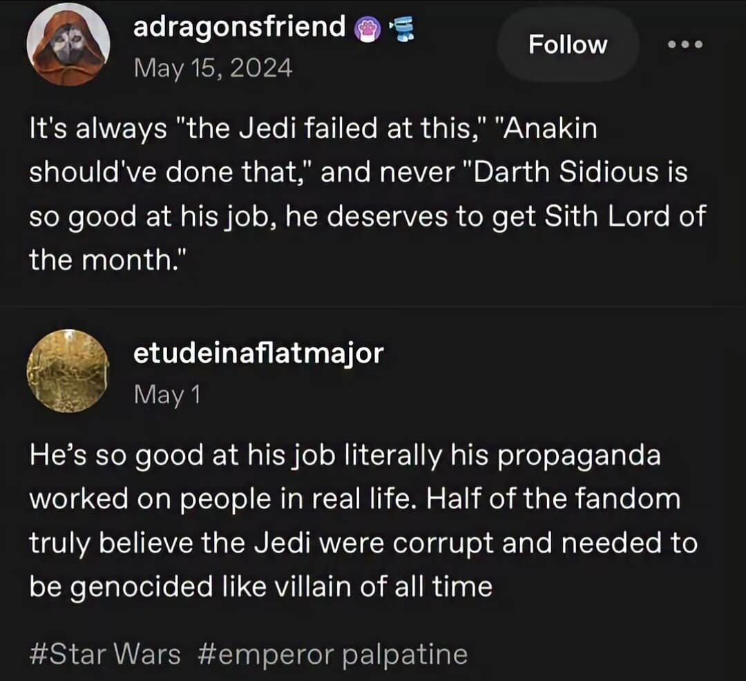 A deep-lore Star Wars post in this meme dump features a thread arguing that Emperor Palpatine's anti-Jedi propaganda was so effective it worked on real-world audiences.