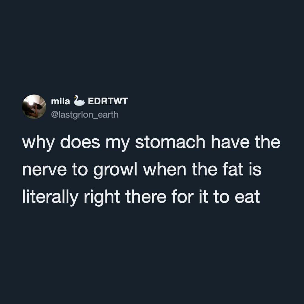 A relatable plain text post within this meme dump questions why the human stomach has the nerve to aggressively growl for food when excess body fat is sitting right there.