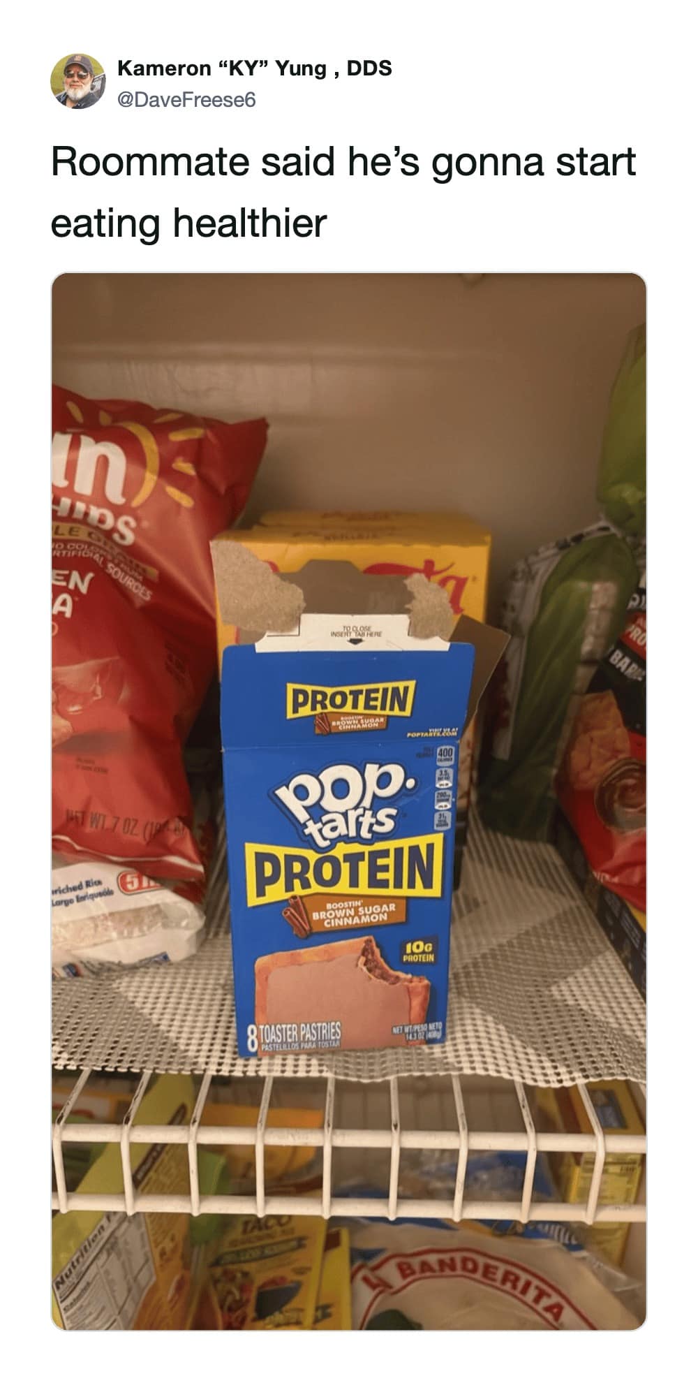 A fitness nutrition entry in the meme dump captures a pantry shelf stocked with a box of Brown Sugar Cinnamon "Pop-Tarts PROTEIN" after a roommate pledged to eat healthy.