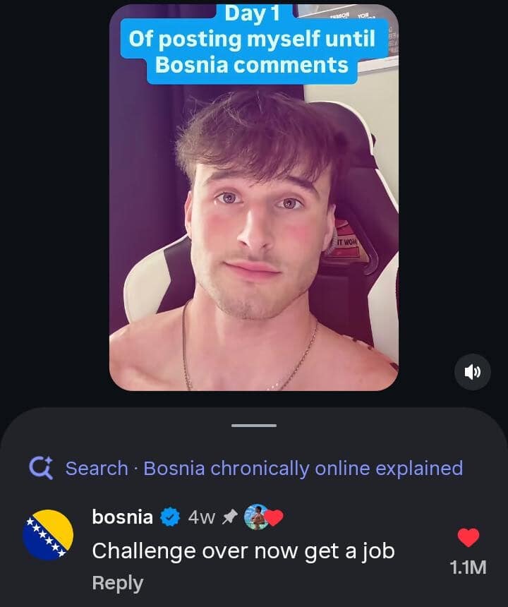 A hilarious social media screenshot showing a content creator getting completely shut down by the official, verified account of the nation of Bosnia.
