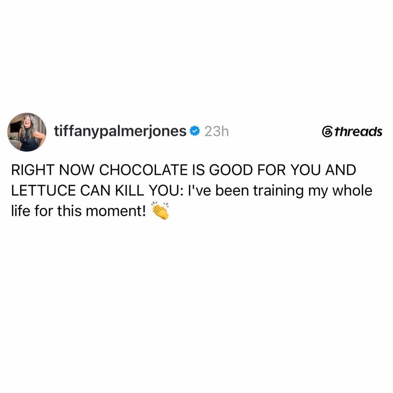 Funny social media post celebrating food safety recalls where chocolate is good and lettuce is dangerous.