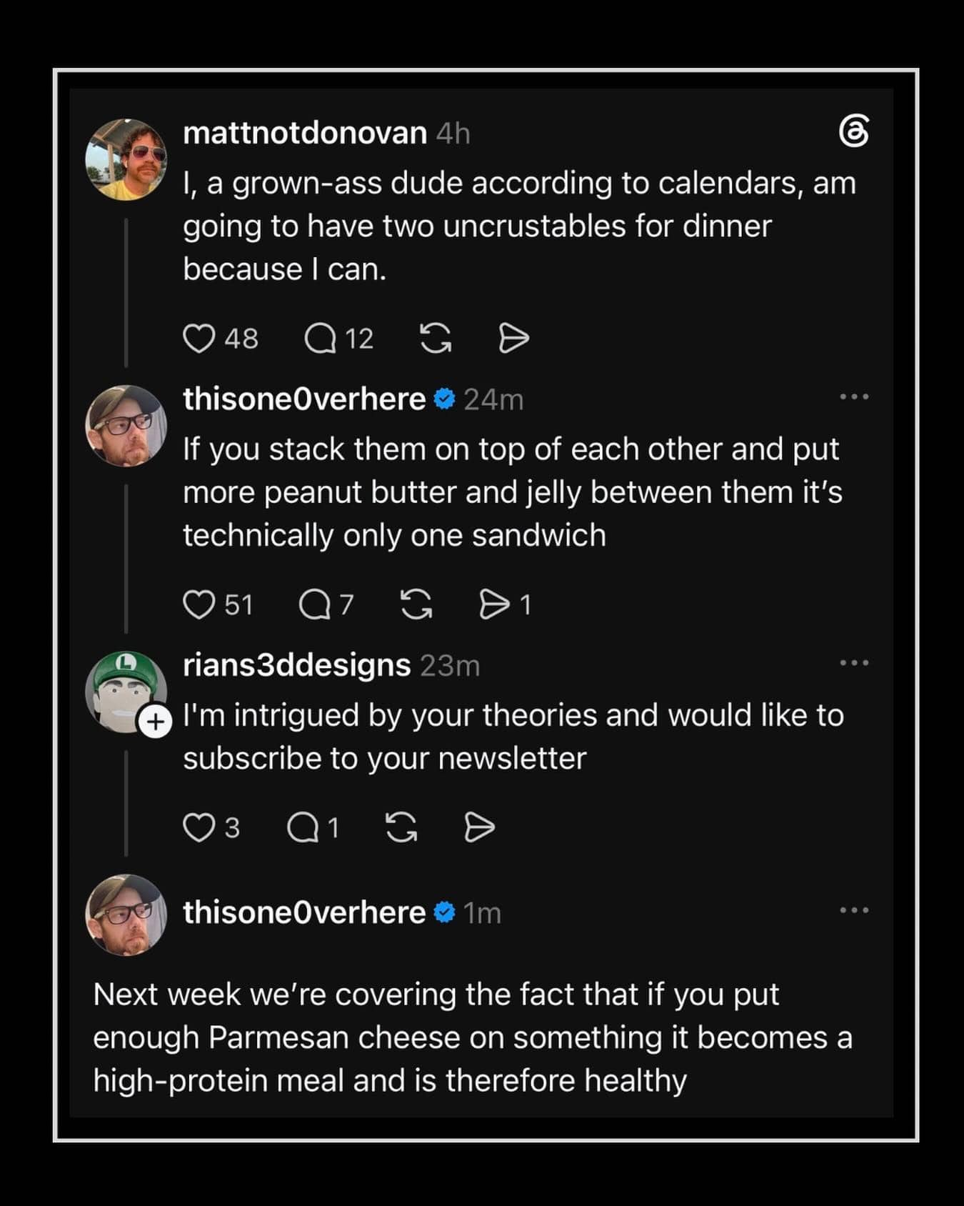 Humorous Threads screenshot detailing funny life hacks about stacking Uncrustables sandwiches and eating Parmesan cheese.