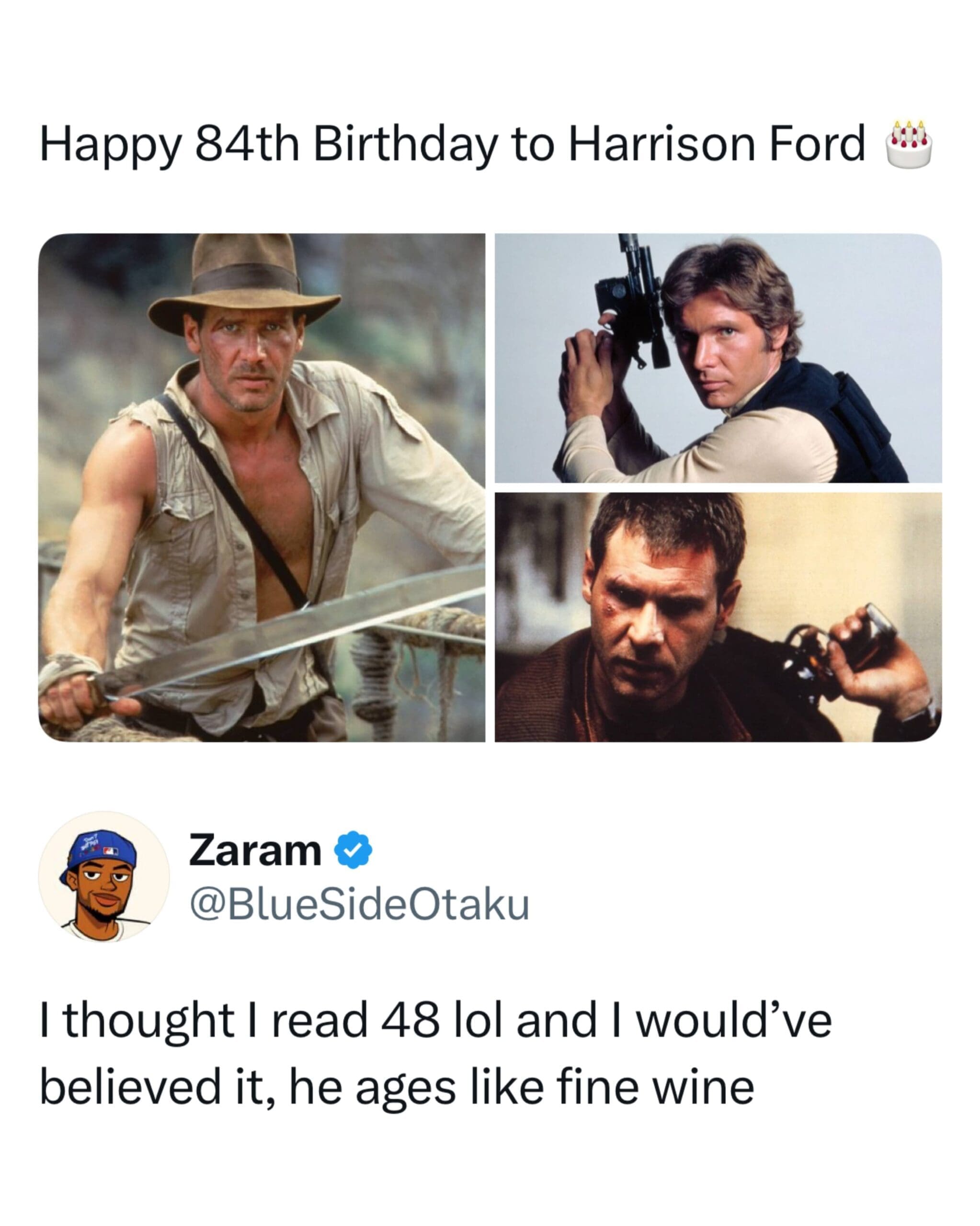 Funny birthday meme showcasing three iconic young Harrison Ford characters like Indiana Jones and Han Solo.
