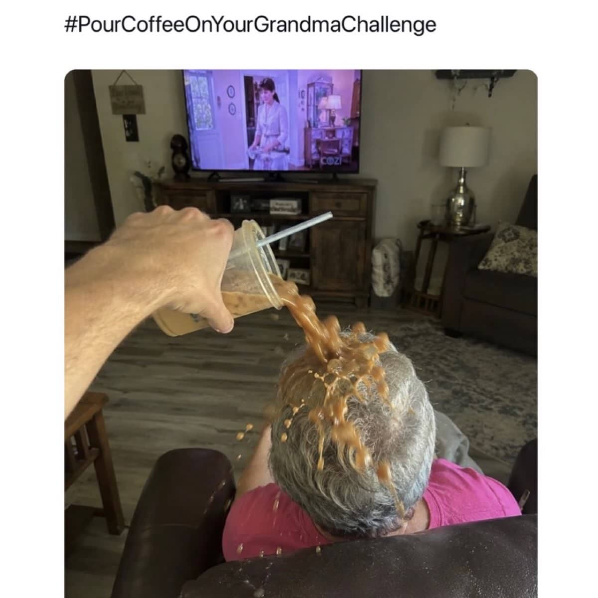 Shocking meme showing someone pouring a large cup of iced coffee directly onto an elderly person's head.