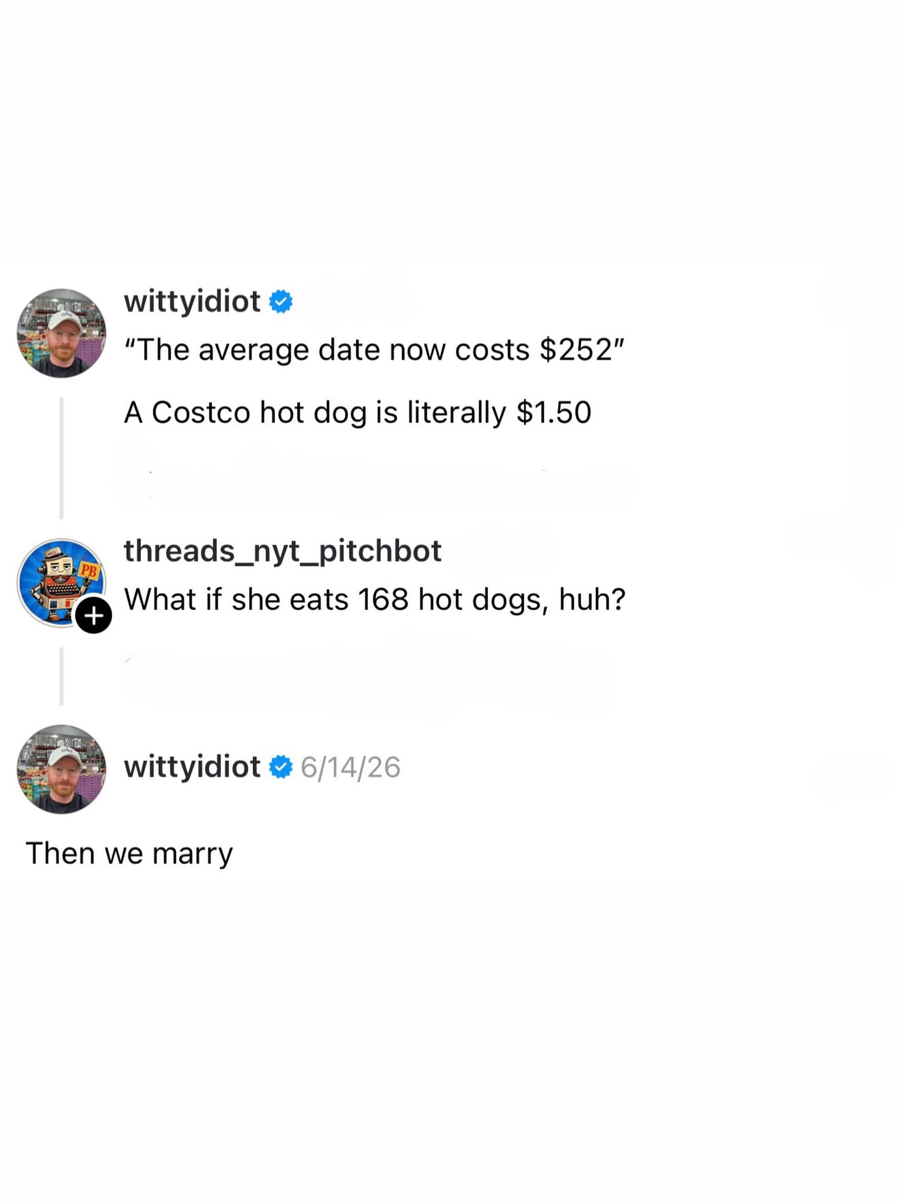 Funny screenshot of social media comments about replacing an expensive date with cheap Costco hot dogs.