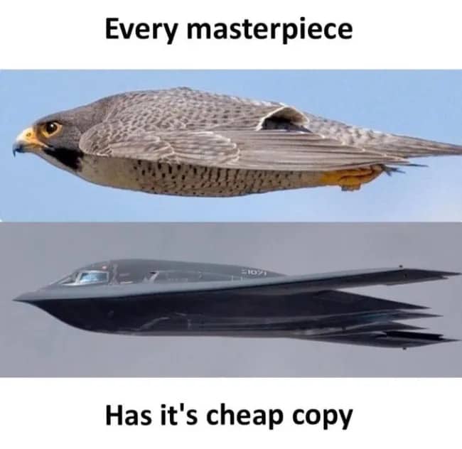 Every masterpiece has its cheap copy meme comparing a peregrine falcon to a stealth bomber.