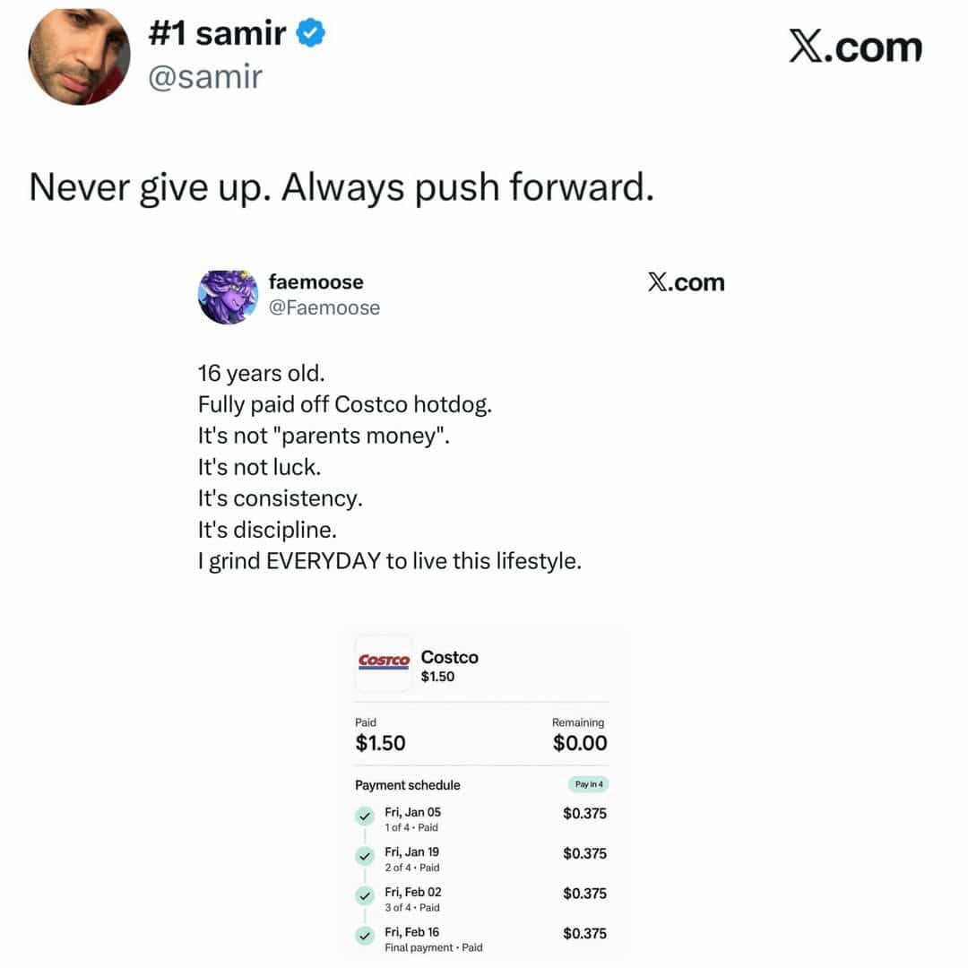 Social media post mocking a Klarna installment payment plan used for a Costco hotdog.