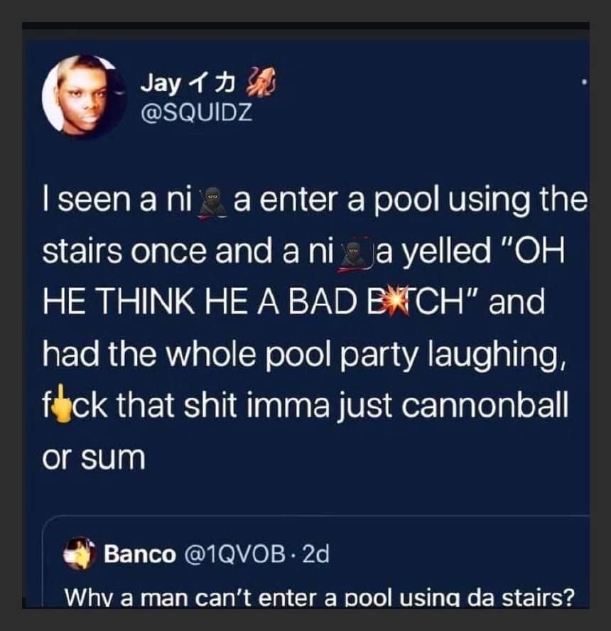 Humorous swimming pool meme discussing the social pressure of entering a pool party via the stairs.