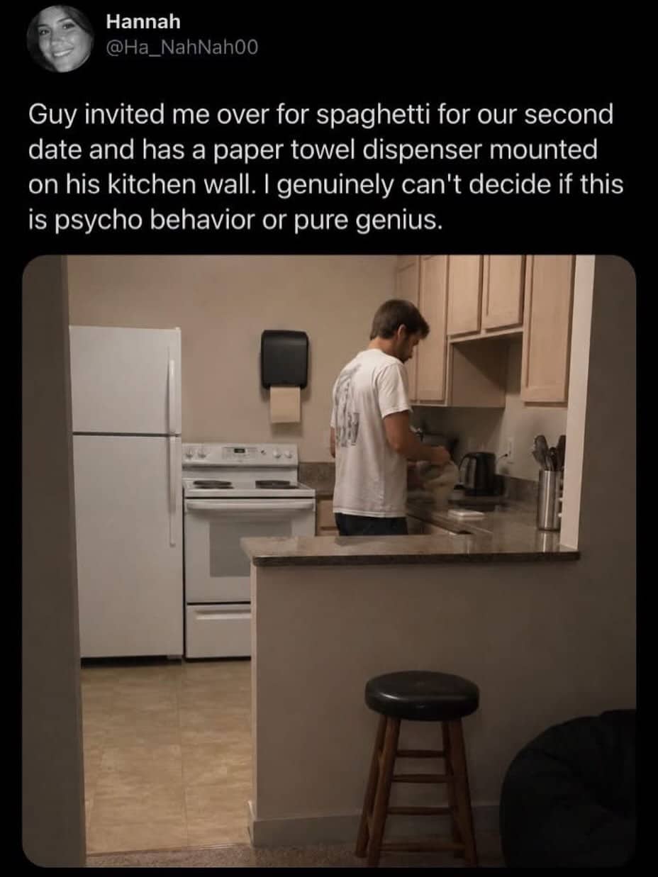 Hilarious Twitter meme displaying a man cooking spaghetti with a commercial paper towel dispenser mounted nearby.